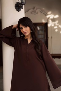 Brown Cotton <b>Kurta</b> Loose Fit Midi Length Modest Casual Party Wear <b>for</b> Women India Pakistan Style Wrinkle Free - Product Image 2