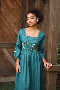 Teal Blue Hand-Embroidered Square Neckline and <b>Three</b>-Quarter Sleeves Cotton Linen Maxi Dress for Women - Product Image 2