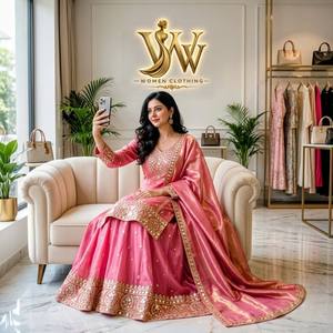 Traje Tradicional de Boda para Mujer, Atuendo Largo hasta el Suelo, Top de Seda Fendi con Bordado de Lentejuelas, con Sharara y Dupatta - Product Image 2