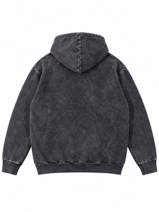 เสื้อฮู้ดดี้โอเวอร์ไซส์สีดำสำหรับผู้ชาย ผ้าฟลีซ แห้งเร็ว สไตล์ฮิปฮอป สตรีทแวร์ ล้างสีแบบกรดซัลเฟอร์ - Product Image 2