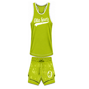 Lime Green White <b>Swim</b> Set Sleeveless Racerback Tank <b>Top</b> with Matching Shorts Lightweight Quick Dry Training Performance Swimwear - Product Image 1