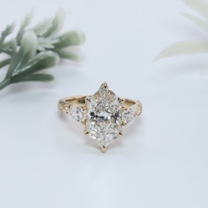 Vintage Yellow Gold Elongated Hexagon Cut Lozenge Lab Grown <b>Diamond</b> Engagement <b>Ring</b> Three Stone Pear Accent Engraved Anniversary - Product Image 1