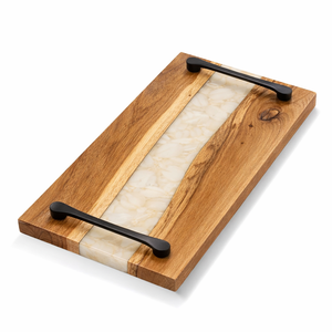 Plateau en bois de qualité supérieure avec incrustation en résine dorée et poignées métalliques, plateau de service en bois d'acacia très vendu, nouvelle arrivée - Product Image 4