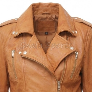 Veste en cuir pour femme de qualité supérieure, courte, marron, style motard, coupe ajustée, avec fermetures éclair argentées - Product Image 3