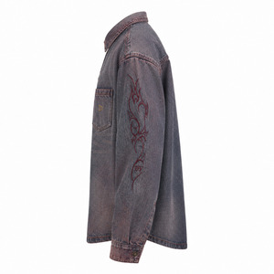 OEM Acid Wash Crimson Cotton Shirts For Roomy Unisex Cyber Y2K Streetwear Embroidered Logo Denim <b>Jacket</b> - Product Image 5