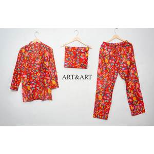 Ensemble de pyjama en coton fait main, imprimé floral, léger et respirant, pour femmes, 100% coton, coupe ajustée, été, maison - Product Image 6