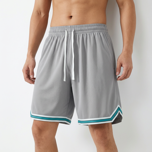 Shorts gris unis pour hommes avec bordure turquoise, taille à cordon de serrage, séchage rapide, vêtements de sport décontractés - Product Image 6