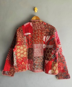 Vintage Patchwork <b>Quilted</b> Jacket Mandarin Collar Cotton Bamboo Fiber Unisex Autumn Loose Fit <b>Single</b> Button Red Patterned Design - Product Image 6