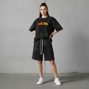 High Quality Oversized <b>Drop</b> Shoulder Women's 2 Piece Set 100% Cotton Solid Embroidered <b>Acid</b> Wash Streetwear Hip Hop Breathable - Product Image 4