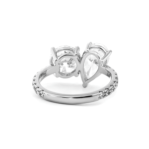 Elegant <b>Two</b> <b>Stone</b> Toi et Moi Lab Diamond <b>Ring</b> with Round Brilliant and Pear Shaped Diamond on Sparkling Pave Set 14K White <b>Ring</b> - Product Image 5