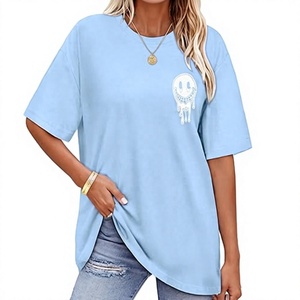 T-shirt ample à manches courtes bleu clair pour femme avec imprimé Smiley, col rond, coupe décontractée, haut d'été 100 % coton pour femme - Product Image 1