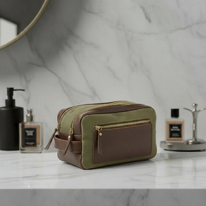 Classic Canvas Leather Toiletry Bag Rectangle Shape Brass Zipper Durable Travel Storage Bathroom Use 1-3L Capacity - Product Image 3