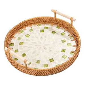 Wholesale Handmade Natural Rattan Serving Tray With Mother Of Pearl Inlay Decorative Storage Basket With Stylish <b>Handles</b> On Sale - Product Image 6