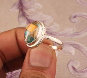 Natural Oyster Copper Turquoise <b>Ring</b> 925 Sterling Silver Handcrafted Spiny Oyster Jewelry Blue Orange Gemstone <b>Statement</b> <b>Ring</b> - Product Image 3