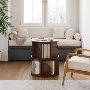 Minimalist Round Wooden <b>Bookcase</b> Double Tier Storage Shelf Standing Type For Living Room Lacquered Finish - Product Image 5