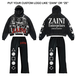 ZAINI Mens Heavyweight 350 GSM 100% Cotton Fleece Winter Solid Streetwear Tracksuit Oversized Hoodie Jogger Set Custom Screen - Product Image 1