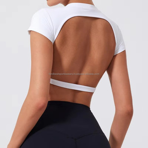 Crew Neck Crop Top Short Sleeve Solid <b>Colour</b> Spandex Polyester Yoga Wear for Women Breathable Four-Way Stretch - Product Image 4