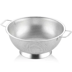 Large <b>stainless</b> <b>steel</b> <b>colander</b> with large holes for quick draining pasta and vegetables during daily kitchen cooking tasks - Product Image 4