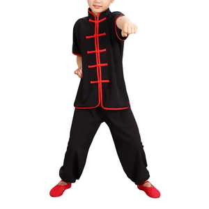 Kung Fu Uniform For Boys Black With Red Trim Cotton Martial Arts Wear Kids Practice Clothes Regular Fit Breathable - Product Image 1