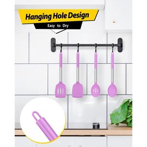 Set di 4 Utensili da Cucina in Silicone Senza BPA, Spatole Grandi Antiaderenti e Cucchiai Forati Resistenti al Calore di Colore Viola - Product Image 1