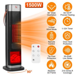 Stufa Elettrica Portatile a Torre in Ceramica da 1500W con Oscillazione, 3 Modalità di Ventilazione, Riscaldamento fino a 104°F, Telecomando e Fiamma 3D - Product Image 2