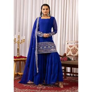 ชุดคุร์ตะ ชารารา ดูปัตตาสำหรับผู้หญิง ผ้าจอร์เจตต์ งานปัก ความยาว 44 นิ้ว - Product Image 1