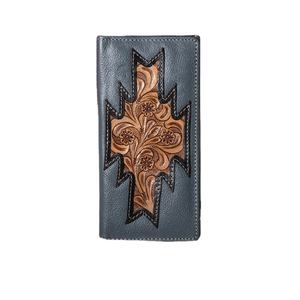 Tooled Genuine Leather <b>Wallet</b> Unisex Long Black Vintage Style Animal Prints with RFID Blocking <b>Secure</b> Snap Closure 8x4x2 Inches - Product Image 1