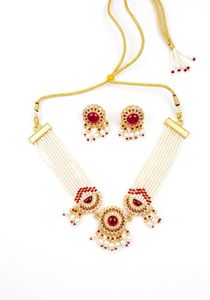 Conjunto de Collar, Pendientes y Tocado de Aleación de Zinc Bañado en Oro con Circonita Roja y Perlas de Imitación, Joyería de Moda Étnica para Mujer, Ideal para Bodas - Product Image 6