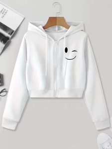 Sweat-shirt court à capuche zippé blanc surdimensionné personnalisé à manches longues pour femme avec imprimé visage clignotant – Tenue décontractée d'automne - Product Image 1