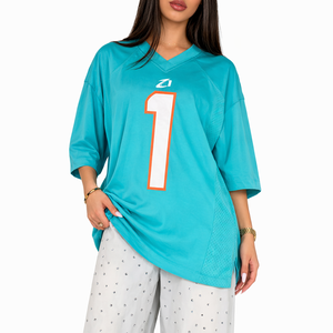 Maillot de football américain respirant en maille bleu sarcelle, col en V oversize, imprimé numéro, streetwear, chemise de sport bleu clair, fabricant OEM - Product Image 6