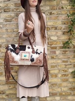 Sac de voyage en cuir de vachette avec franges et pierre turquoise, 100% cuir pleine fleur véritable, sangles réglables multifonctionnelles, uni