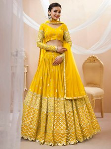 Yellow <b>Sequin</b> Embroidered Lehenga Choli With V-Neck <b>Crop</b> <b>Top</b> And Full Sleeves Floor-Length Bridesmaid Dress A-Line Silhouette - Product Image 1