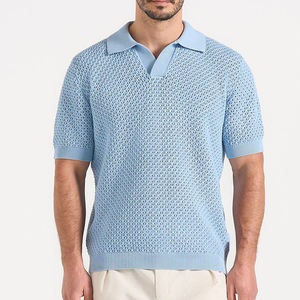 Men's Light <b>Blue</b> Knitted <b>Polo</b> <b>Shirt</b> Short Sleeve Solid Color Casual Breathable Regular Fit - Product Image 1