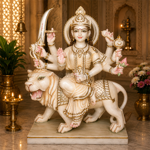 Makrana Stone Maa Durga Idol on Lion | Seated Devi Sculpture with Sacred Weapons and Ornate Halo by MALIYAS Jaipur - Product Image 3