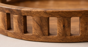 Plateau de service rond en bois de manguier finition naturelle, plateau décoratif en bois avec clôture murale à lattes ouvertes - Product Image 4