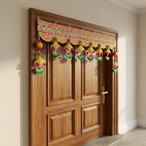 Traditional Indian Door Toran with Golden Embroidery Pink Green Hanging Ornaments and Decorative Tassels - Product Image 6