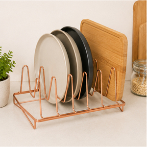 Luxury Copper Pot Lid Organizer 6 Slot Freestanding <b>Kitchen</b> <b>Rack</b> for Countertop Metal Pan Cover & Cutting Board <b>Storage</b> Holder - Product Image 4