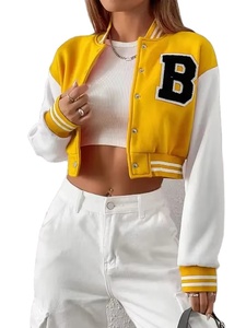 Chaqueta Corta Amarilla y Blanca Estilo Letterman para Mujer, Manga Larga, Cuello con Botones, Logotipo de la Letra B - Product Image 3