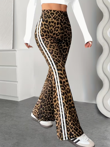 Women <b>High</b> Waist <b>Leopard</b> <b>Print</b> Flare Pants Loose Fit Full Length Knitted Casual Elastic Waist Side Stripe Autumn Pants Women - Product Image 6