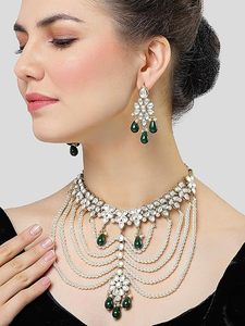 Parure Collier Ras-du-Cou et Boucles d'Oreilles Tendance en Alliage Plaqué Or pour Femme, Style Classique Indien, Haute Qualité, Idéale pour Mariage, Fiançailles, Anniversaire, Fête - Product Image 4
