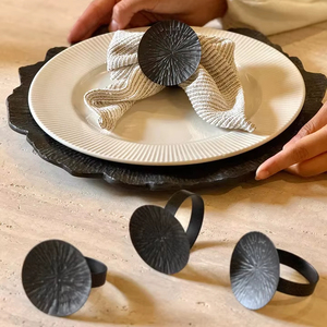 Modern <b>Matte</b> Black Sunburst Napkin Rings For Elegant Dining <b>Table</b> Decor Large Round Textured Black Metal Napkin Holder - Product Image 1