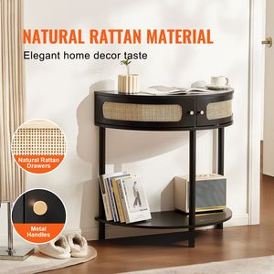 Consolle in Rattan Naturale con 2 Cassetti, a Mezzaluna, per Ingresso, con Ante Scorrevoli in Legno, Tavolo Consolle Contenitore - Product Image 2