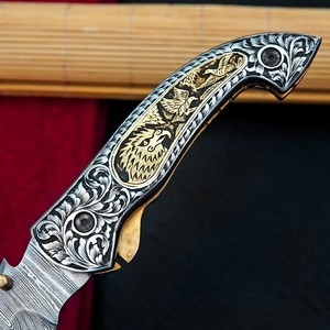 Forge Industrial Grade Custom Damascus Steel Folding Blade Knife Hand Engraved Handle <b>Leather</b> Sheath Pocket EDC Hunting - Product Image 3