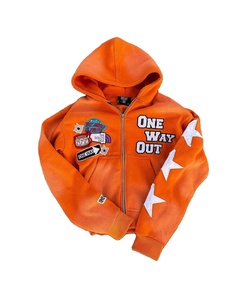 Sweat à capuche col rond épais en molleton bouclette, style streetwear personnalisé, avec strass, coupe oversize, effet vieilli, broderie zippée, délavage acide vintage - Product Image 6