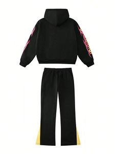 Conjunto de Sudadera con Capucha y Pantalones Deportivos para Hombre, Diseño de Letras y Estrellas Personalizadas, Impresión DTF, Bloques de Color, Cordón Ajustable, 100% Algodón, Estilo Urbano, Tendencia - Product Image 2