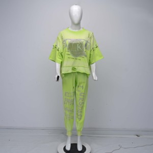 High Quality 100% Cotton Drawstring Rhinestone Distressed Lightweight Breathable Eco-Friendly Neon Green Jersey Oversized <b>Set</b> - Product Image 1