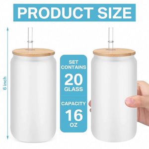 Vaso de Vidrio Transparente Esmerilado Personalizado con Logotipo por Sublimación, 12 oz, 16 oz, 20 oz, con Tapa de Bambú y Pajita - Product Image 4