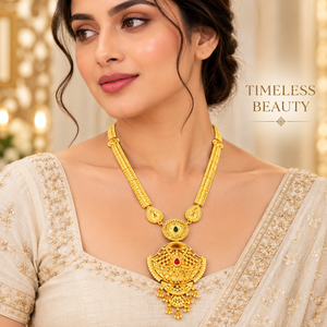 Elegante Conjunto de Collar Largo de Cobre y Latón con Baño de Oro de 24K, Pendientes con Colgante de Abanico, Joyería Nupcial India para Mujer - Product Image 3