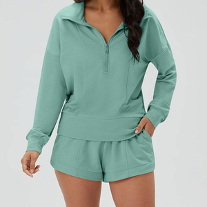 Conjunto Deportivo Casual de 2 Piezas para Mujer, Sudadera de Felpa de Algodón, Pantalones Cortos, Cierre de Media Cremallera, Cuello en V, Holgado, Suave, Color Sólido - Product Image 2