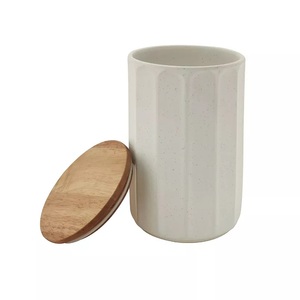 Modern Ceramic Storage Canister Wooden Lid Vertical <b>Fluted</b> Design Airtight Kitchen Jar Minimalist Countertop Organizer - Product Image 4